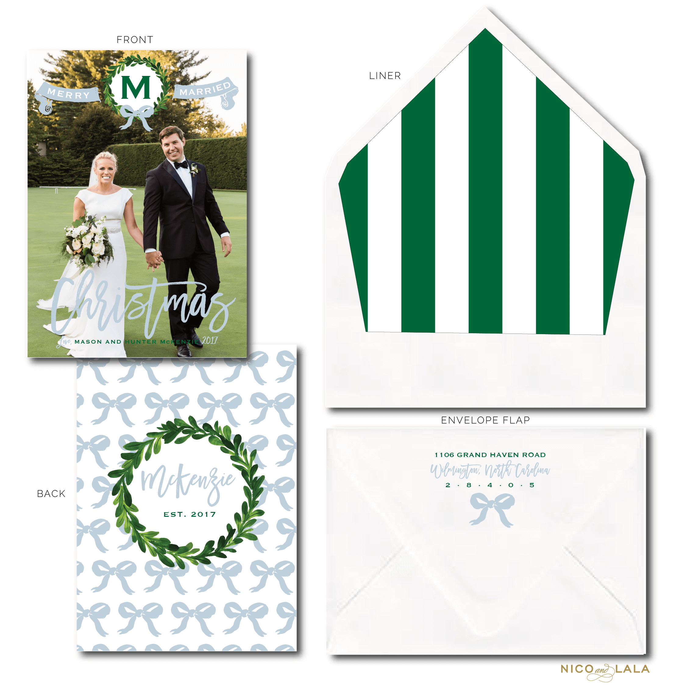 Merry Married Christmas Card Green and French Blue