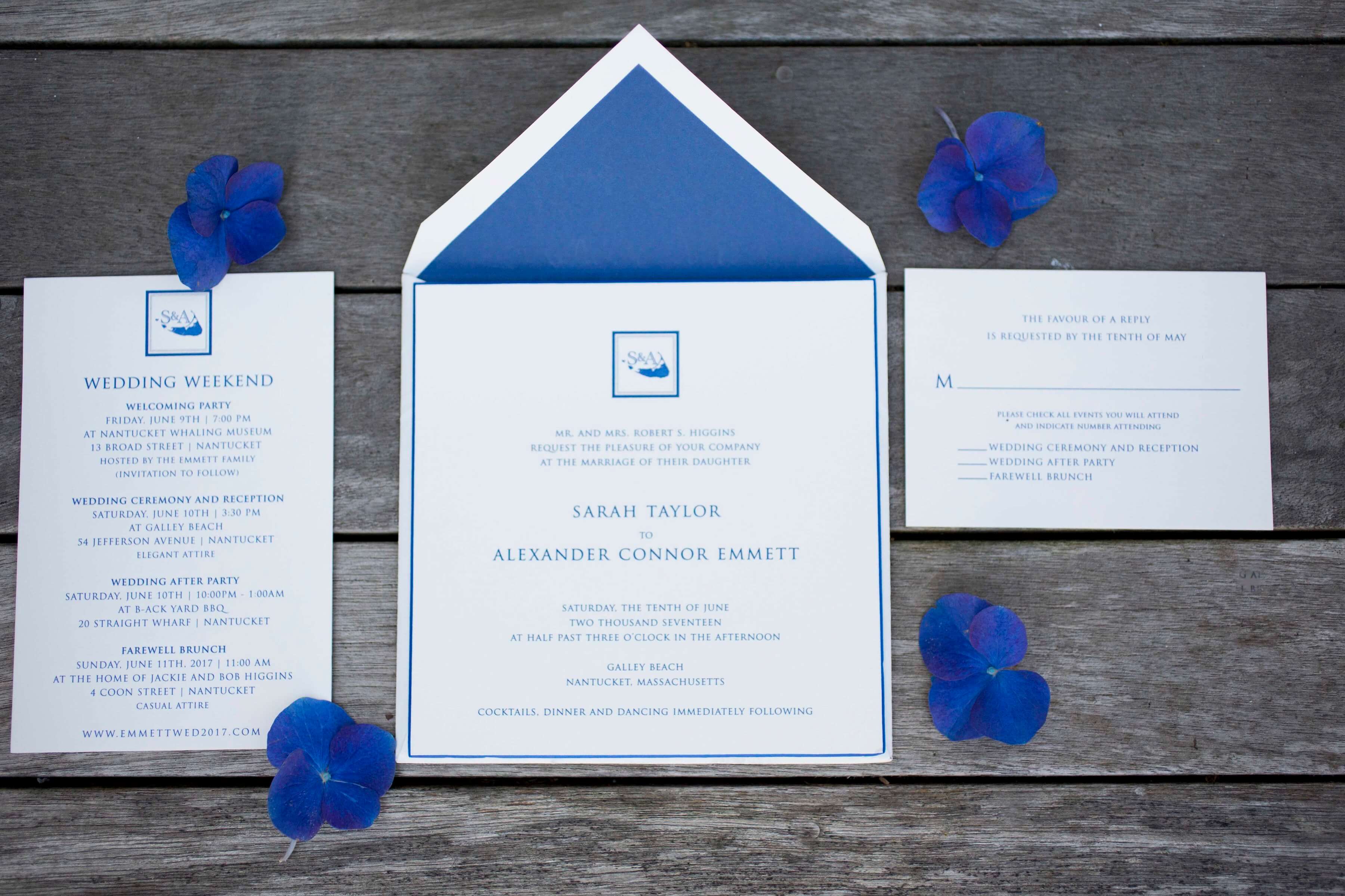 Blue and white Nantucket wedding invitation
