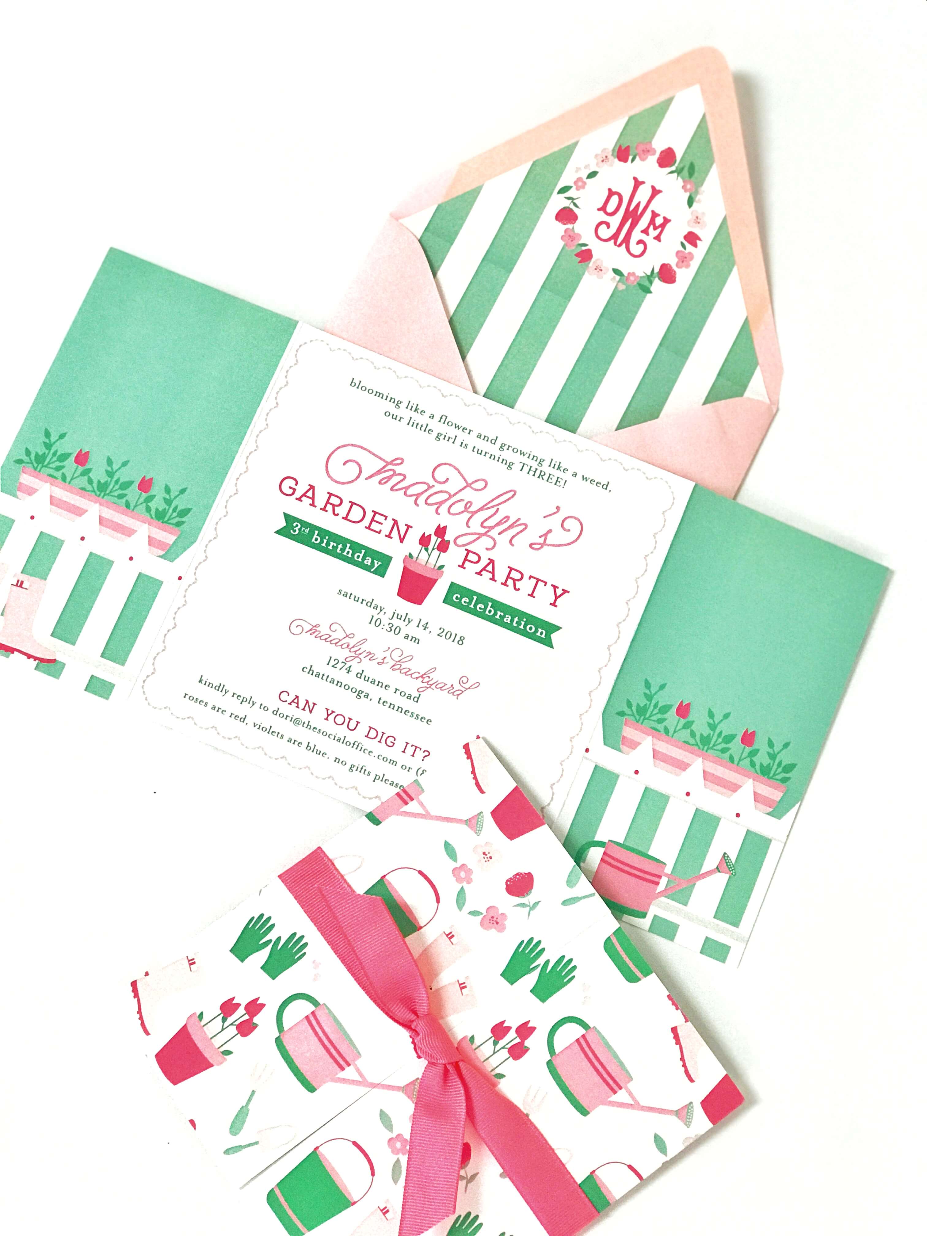 pink and green garden party invitation