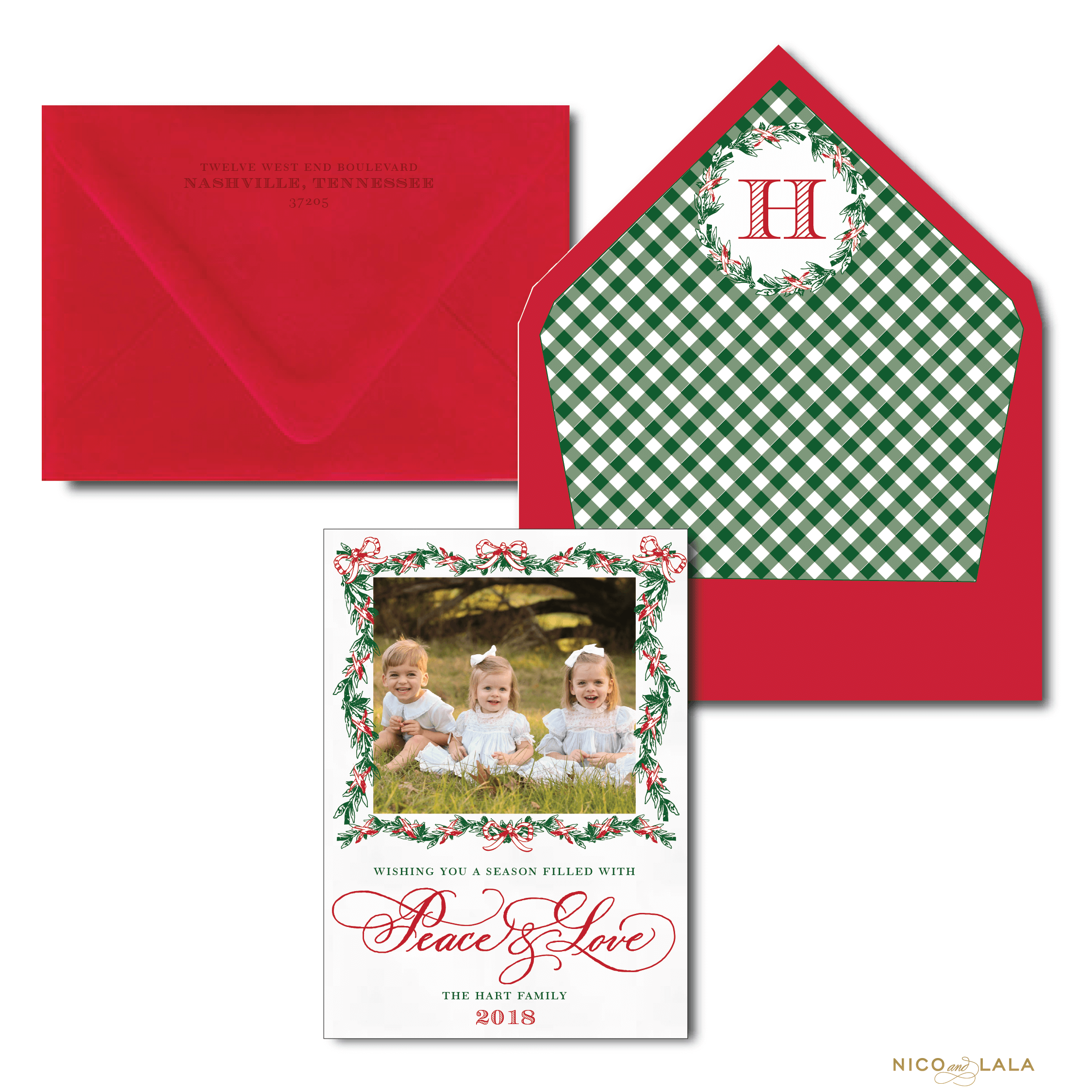 Red and Green Garland Peace and Love Christmas card