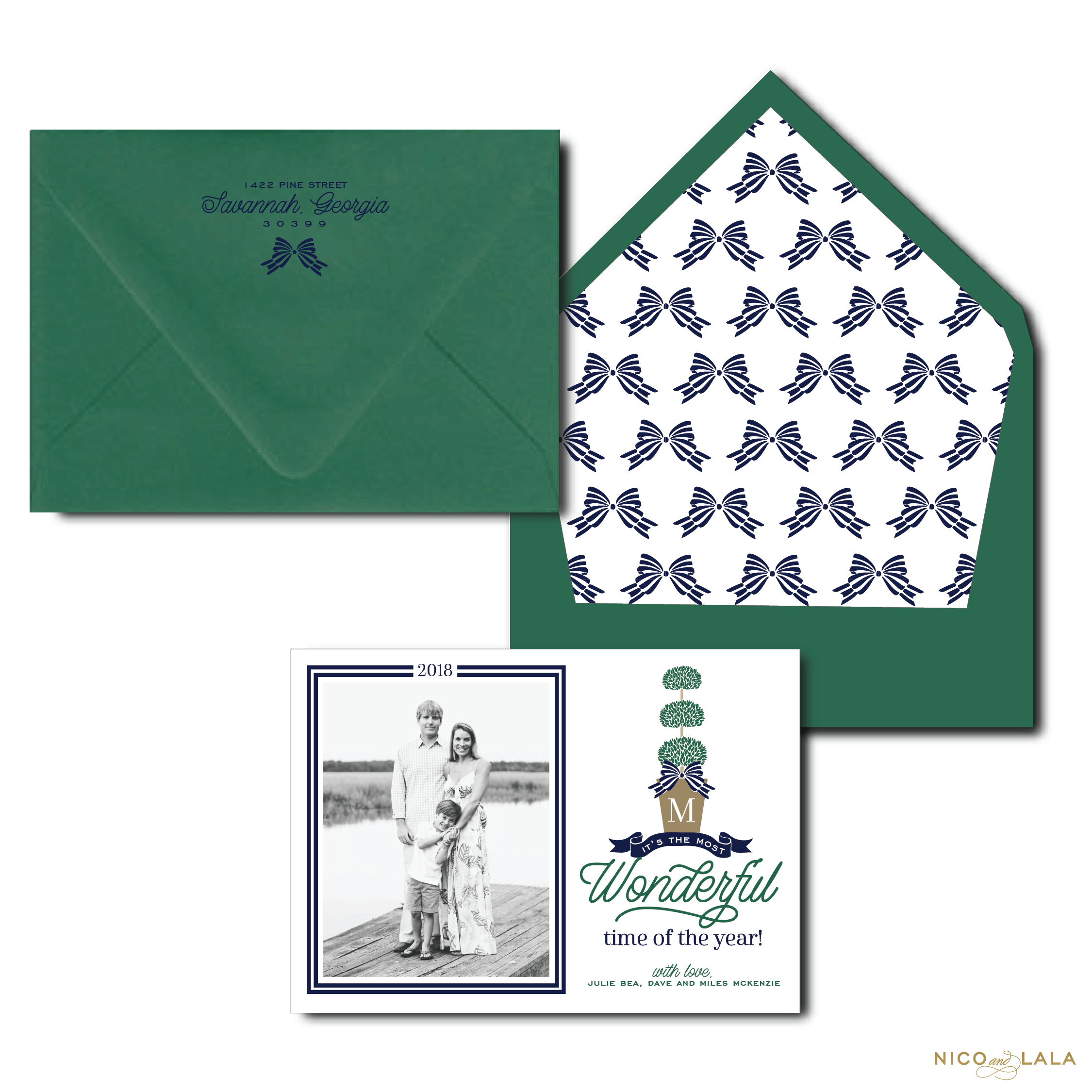 Christmas Card with Topiary in Navy and Green