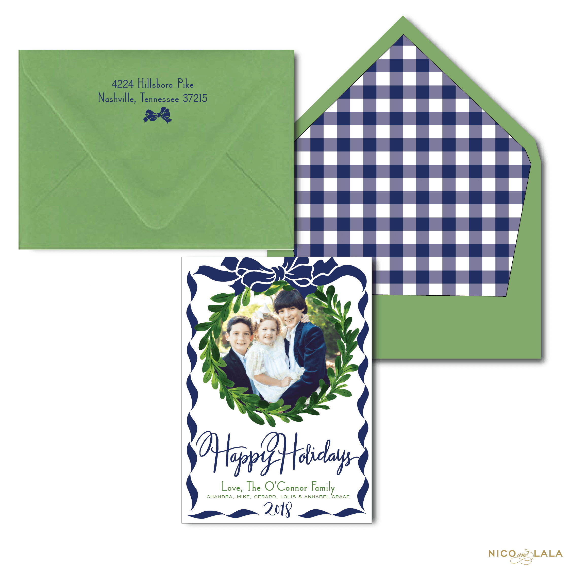 Wreath and Bow Christmas Card with Gingham Liner