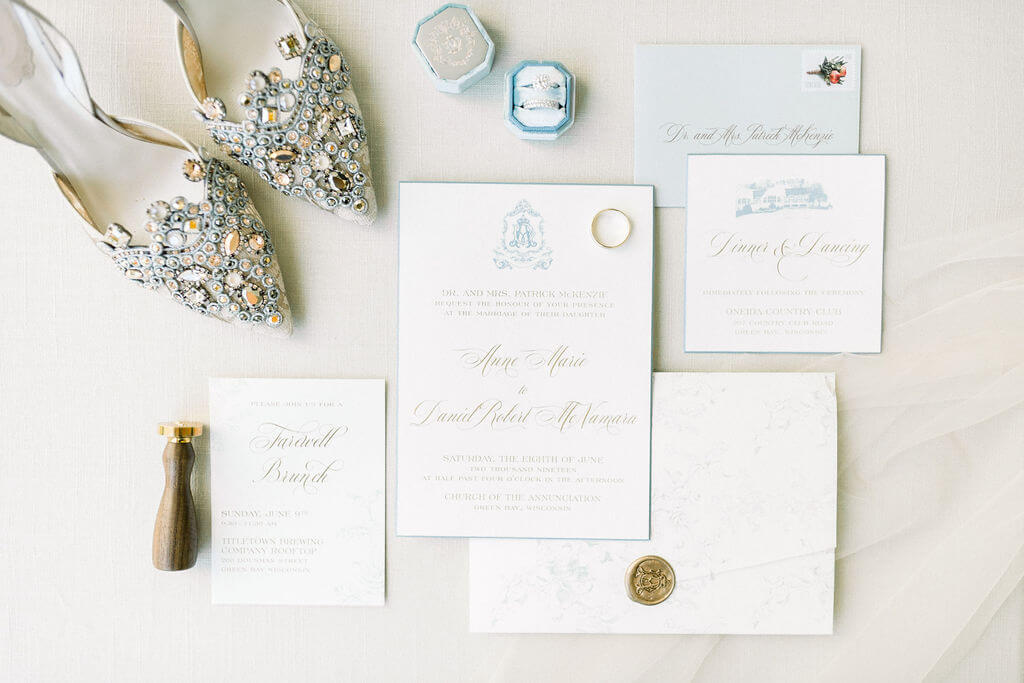 Dusty Blue and Gold Traditional Wedding Invitation
